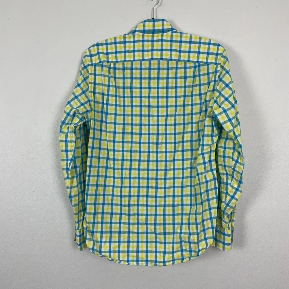 J. Crew Men's Sz S Yellow‎ and Blue Plaid Button Up Career Collared Shirt Cotton